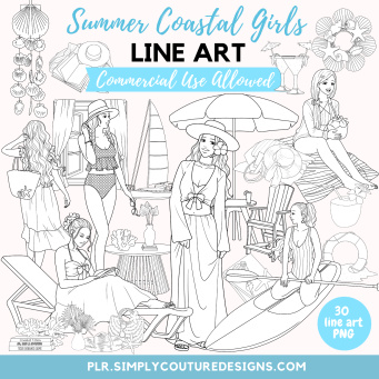 Summer Coastal Girls Line Art Summer Coastal Girls Line Art