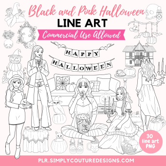 Pink and Black Halloween Girls Line Art Pink and Black Halloween Girls Line Art