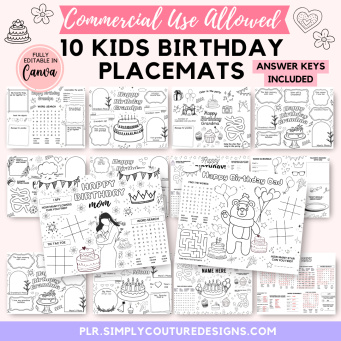 Kids Birthday Placemats PLR Kids Birthday Placemats PLR
