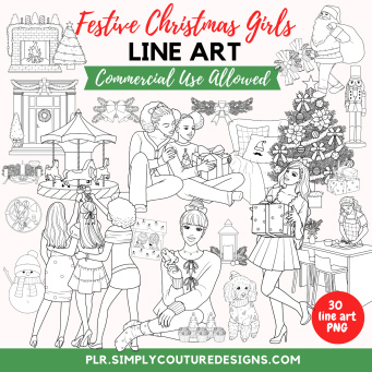 Festive Christmas Girls Line Art Festive Christmas Girls Line Art