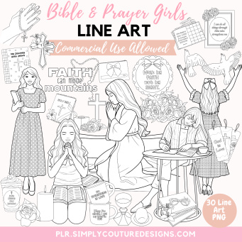Bible and Prayer Girls Line Art Bible and Prayer Girls Line Art