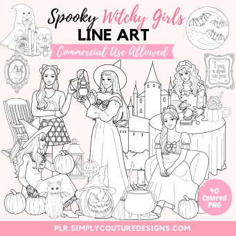 Spooky Witchy Girls Line Art Spooky Witchy Girls Line Art